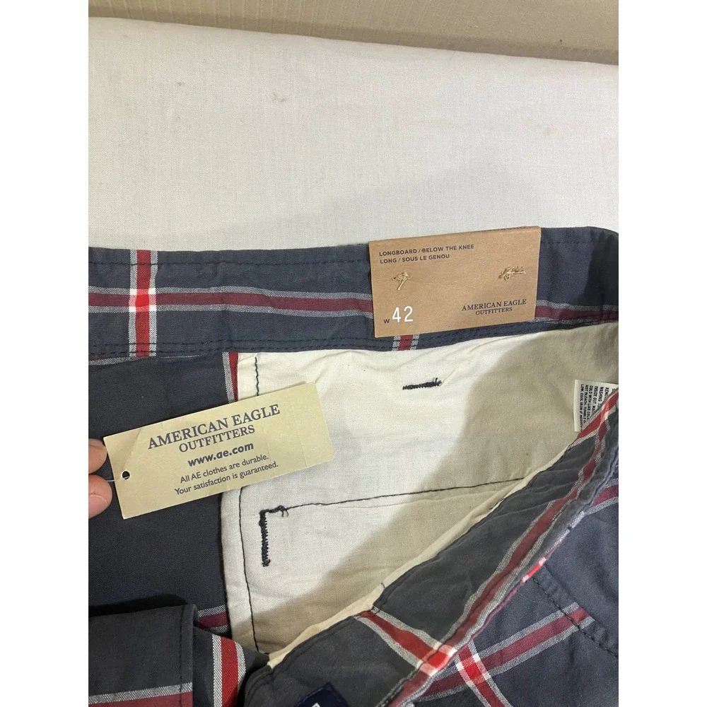American Eagle Longboard‎ Plaid Shorts Mens 42 Navy Blue Red Belted New NWT